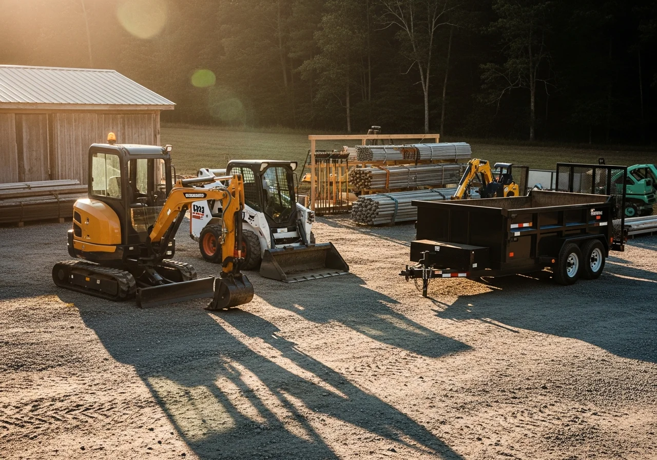 Heavy equipment and tools ready for excavation and land clearing work on a job site.