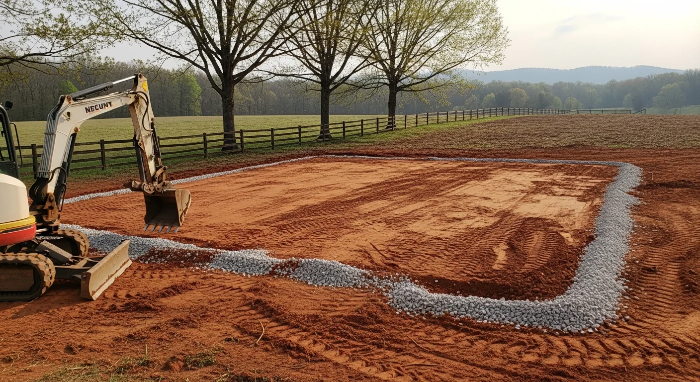 Excavation equipment preparing a residential building site