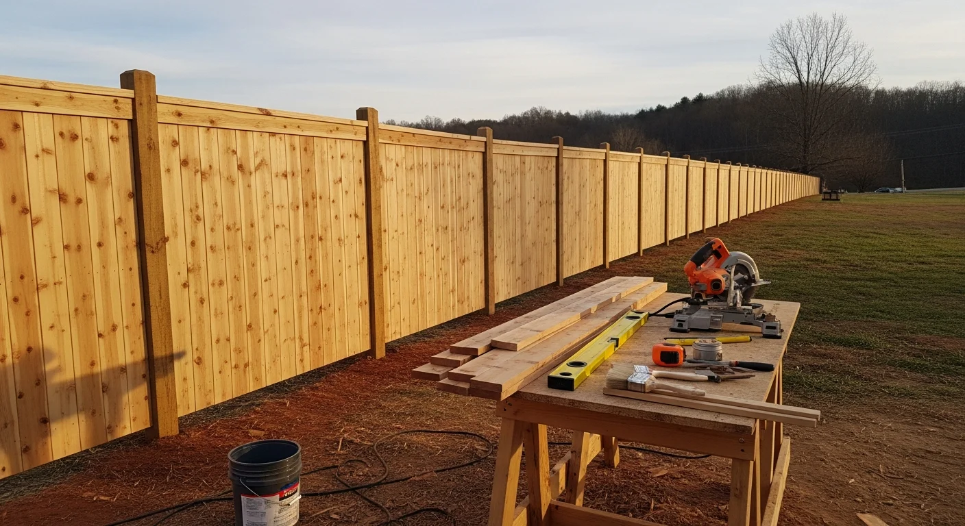 New residential fence installation on a cleared property