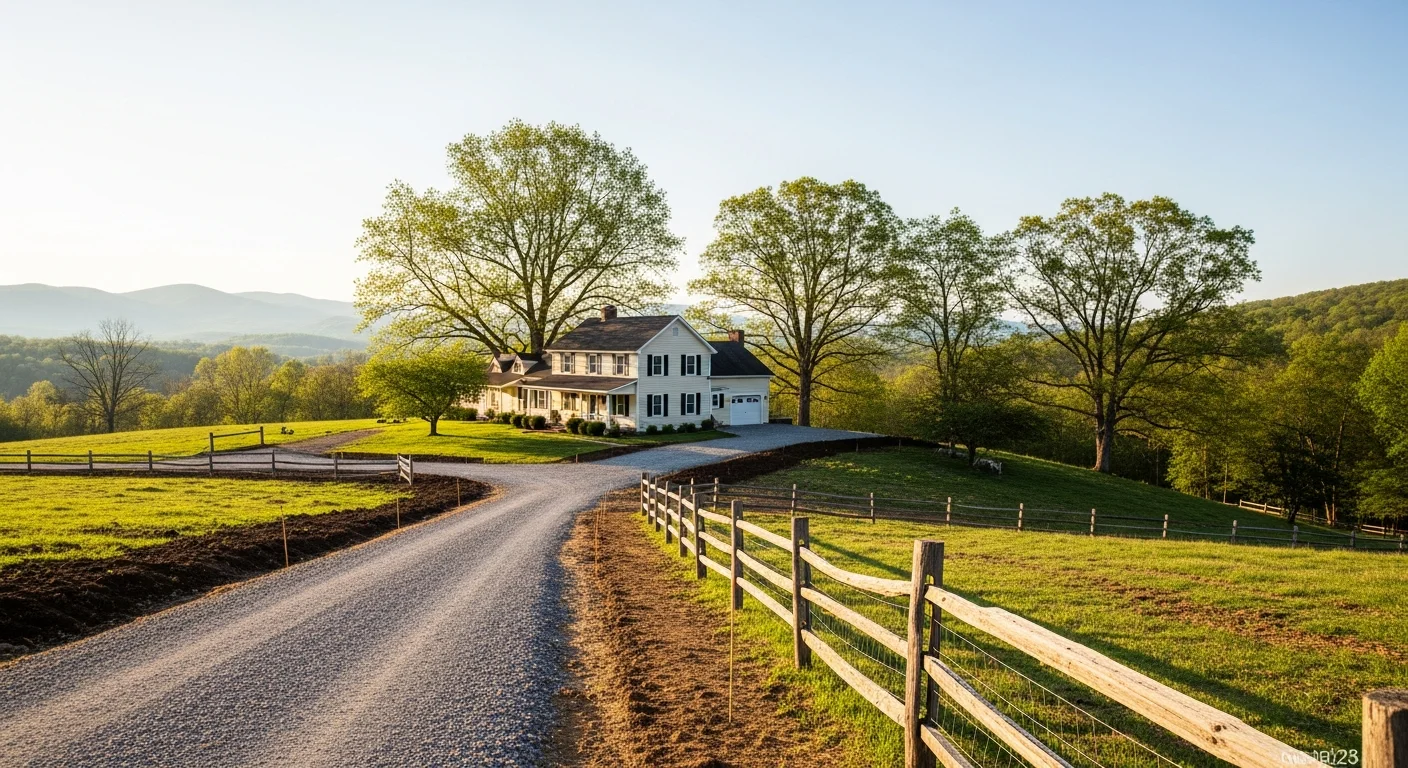A well-maintained farmhouse nestled in Nelson County's rolling foothills with mature trees and mountain views in the background.