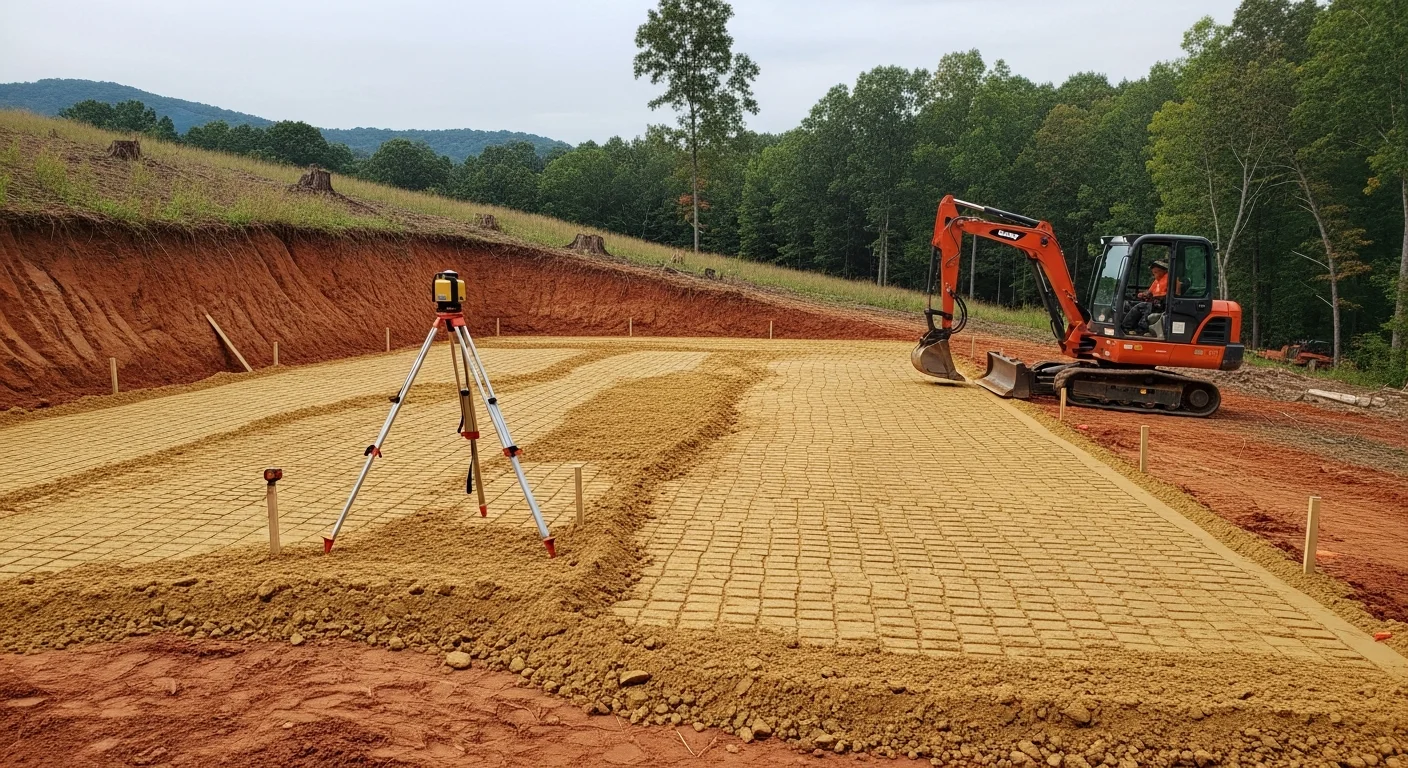A freshly graded and compacted building pad on a sloped wooded lot in Nelson County, VA, with cut-and-fill earthwork visible on the hillside. The level pad surface is ready for foundation work, with drainage slopes shaped away from the build area.