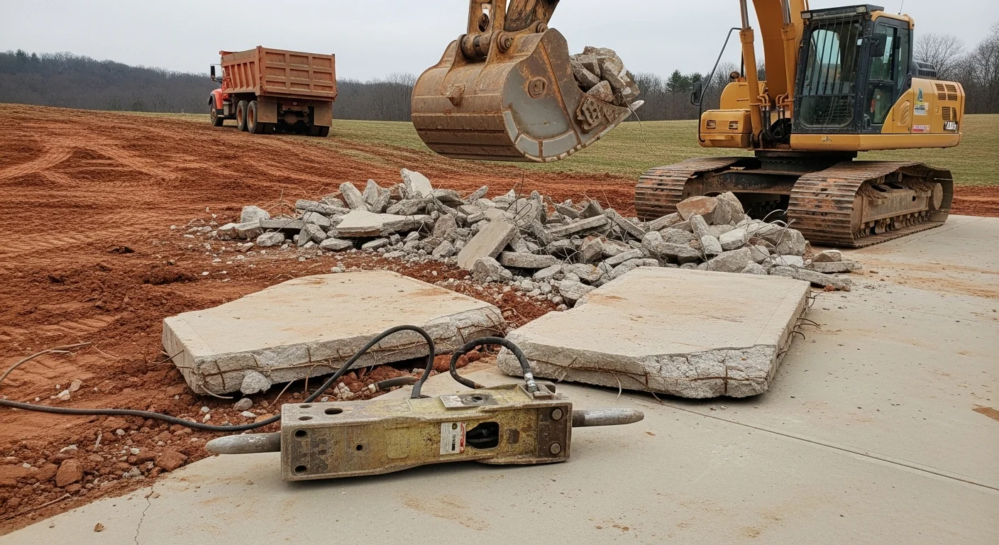 A concrete slab being broken apart and removed on a rural residential property in Nelson County, VA. A tracked excavator loads broken concrete chunks into a dump truck on a sloped lot with cleared ground visible nearby.