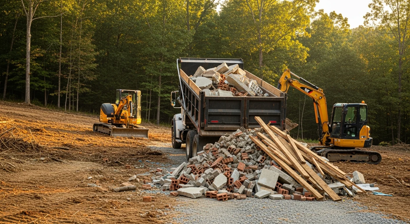 A cleared rural property in Nelson County, VA after debris removal, showing bare ground free of concrete rubble, lumber, and demolition waste. A dump truck and excavator are visible on the job site near a recently demolished structure.