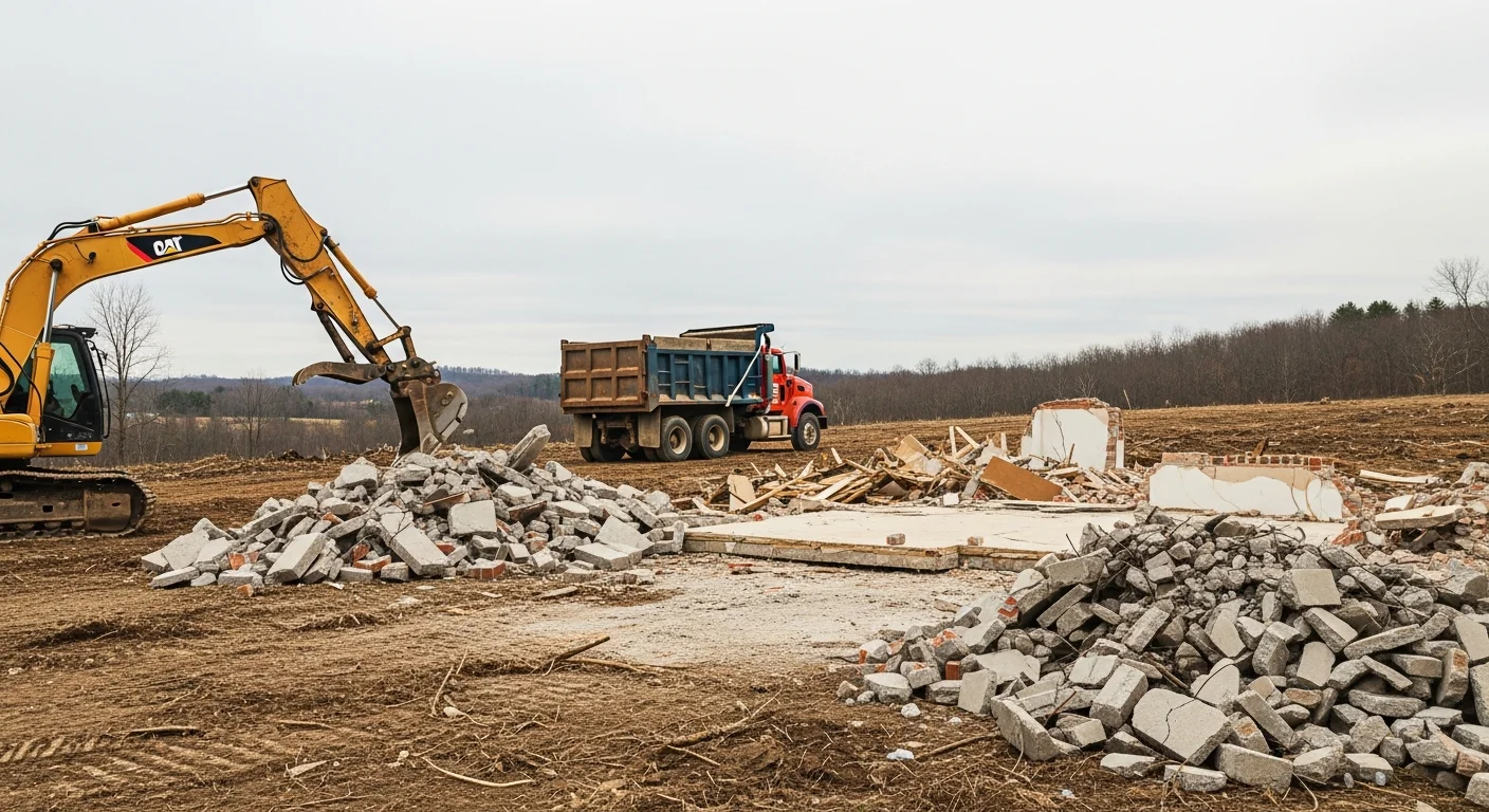 A demolished residential structure in Nelson County, VA with debris cleared and bare ground visible. A tracked excavator sits on-site next to a pile of removed building materials.
