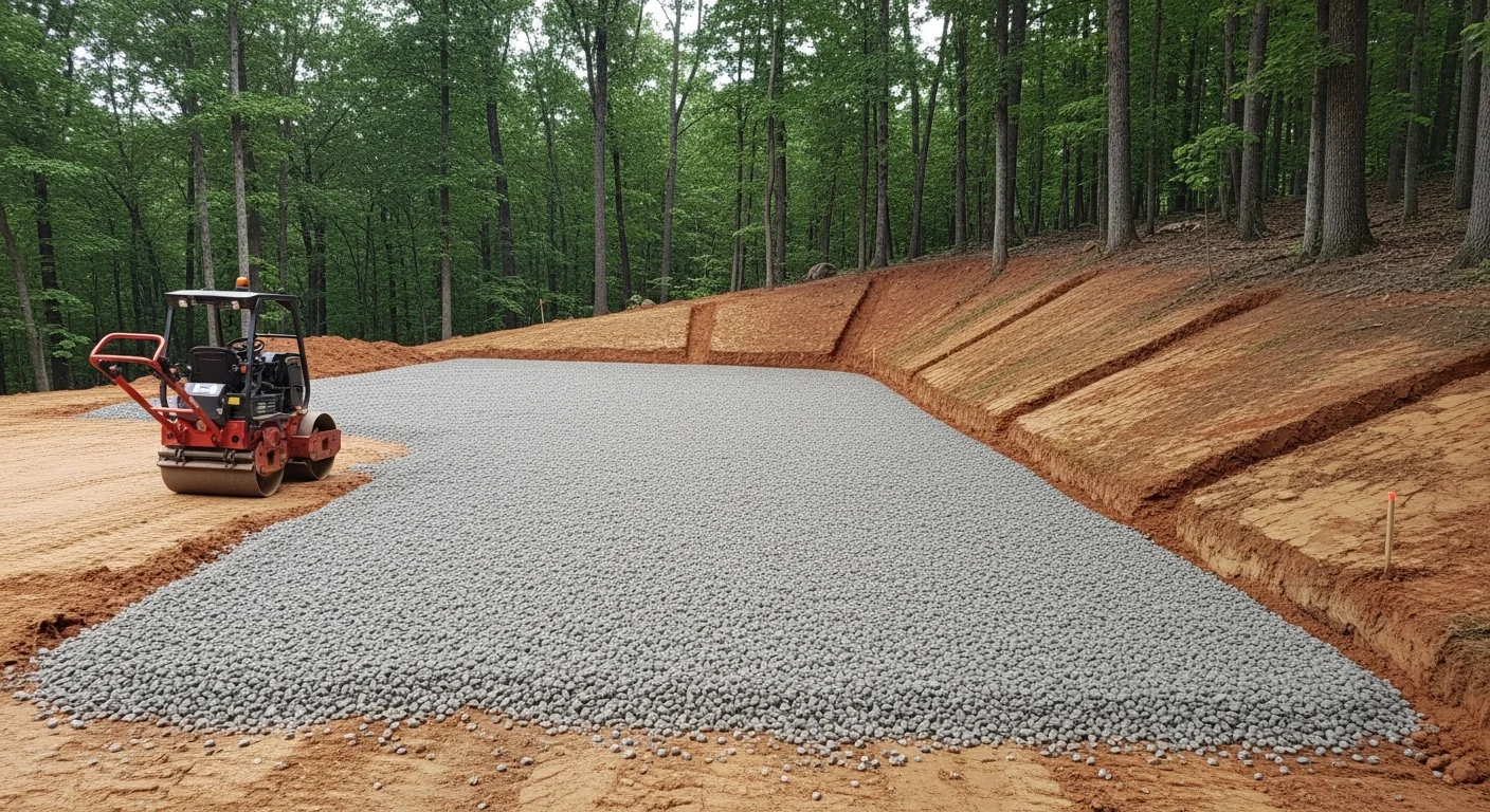A freshly graded and compacted gravel driveway leading to a rural home on a wooded hillside property in Nelson County, Virginia. The drive shows clean edges, a crowned surface, and side drainage channels cut into the slope.