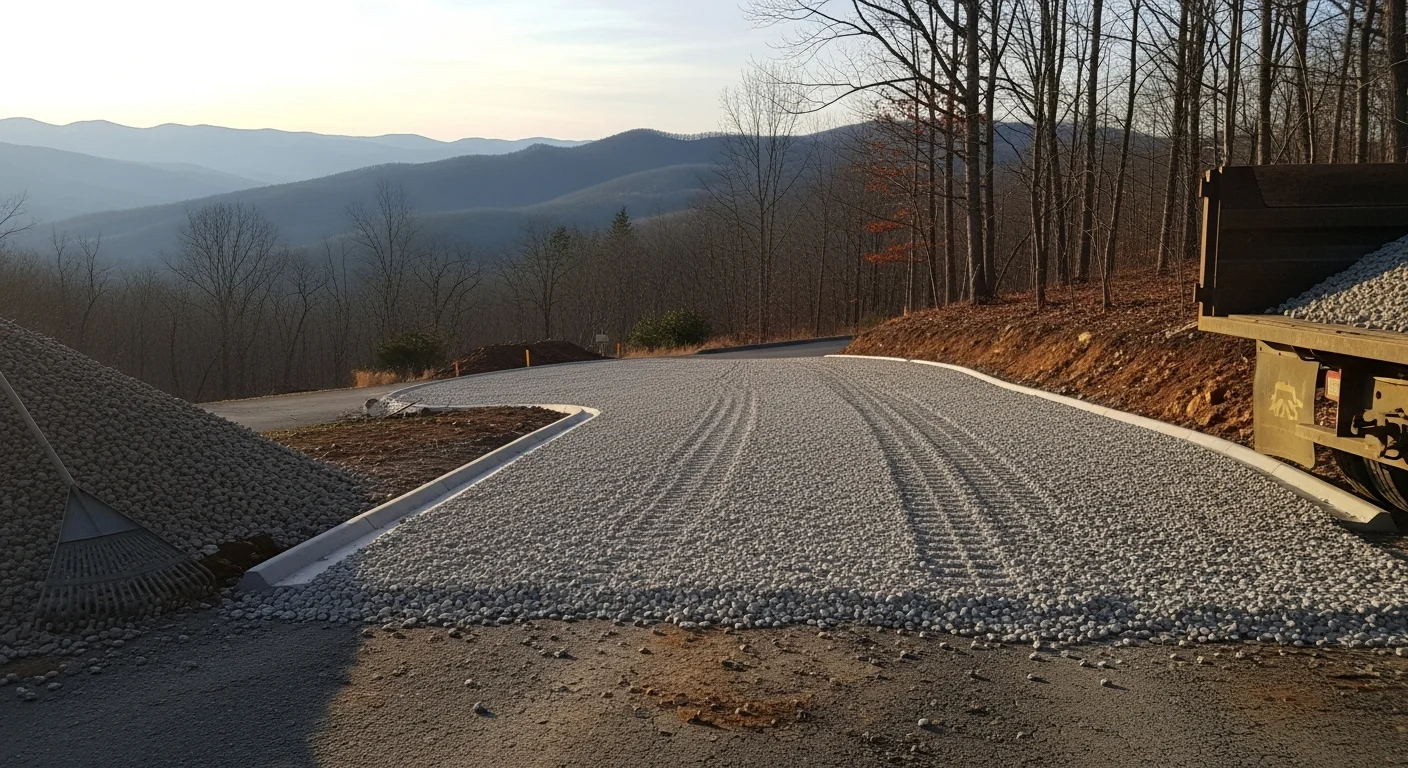 A regraded and repaired rural gravel driveway on a residential property in Nelson County, VA, with a smooth compacted surface and clear drainage ditches along both sides. The driveway leads toward a wooded hillside typical of the Nelson County landscape.