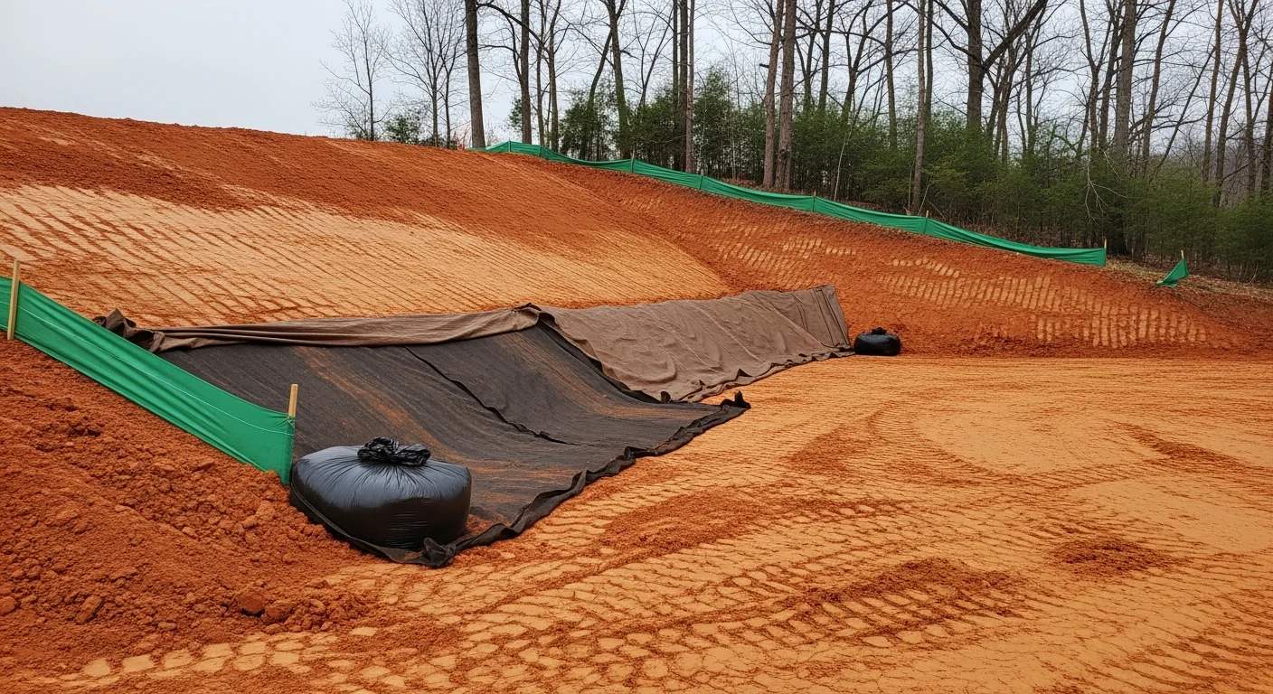 Excavation contractor grading a steep residential slope in Nelson County, VA, with stabilized soil and sediment controls visible along the disturbed area. Blue Ridge hillside terrain visible in the background.