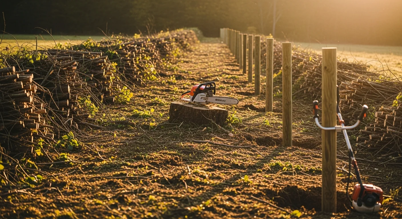 A cleared fence line running along a wooded rural property boundary in Nelson County, VA, with brush and saplings removed and the ground open on both sides of the fence posts. A split-rail or wire fence is visible along the cleared corridor with tree line in the background.