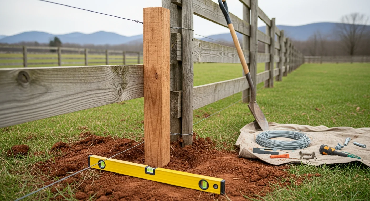 A repaired wooden fence line running along a rural property in Nelson County, VA, with freshly set posts and replaced panels on gently sloped terrain. A pasture and tree line are visible in the background.