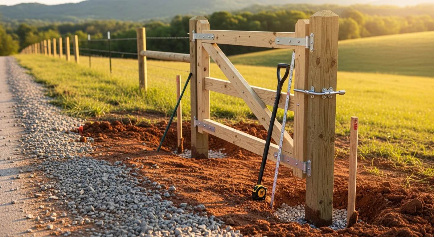 A newly installed double farm gate set in concrete posts along a gravel driveway on a rural Nelson County, VA property. Rolling pasture and tree line visible in the background.