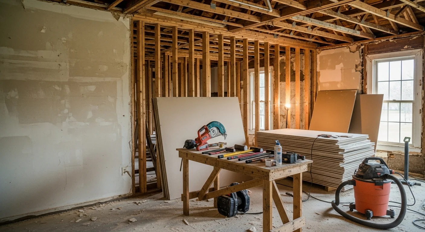 Interior of a Nelson County, VA home mid-demolition with walls stripped to the studs and flooring removed. A cleared residential room ready for renovation work by J.Johnson Excavation And Fencing LLC.