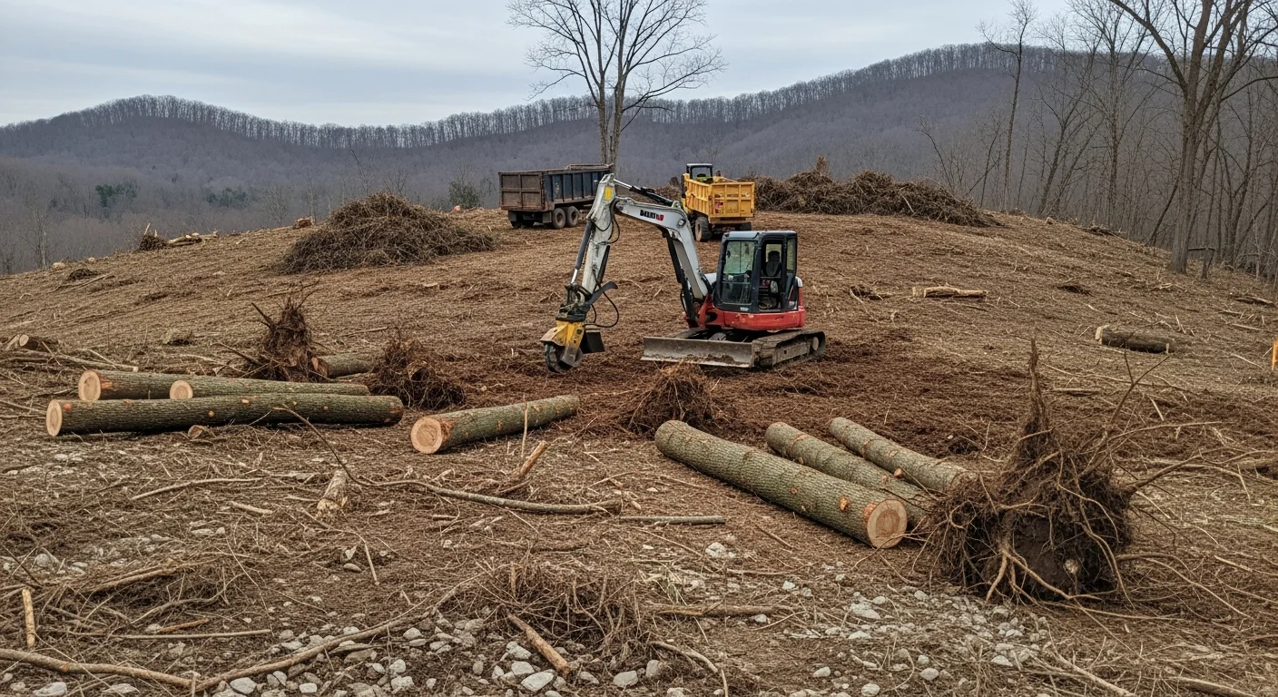 A freshly cleared rural parcel in Nelson County, VA showing bare graded ground with removed tree stumps and brush, surrounded by Blue Ridge Mountain foothills. An excavator sits at the edge of the cleared site next to a pile of felled timber and debris.