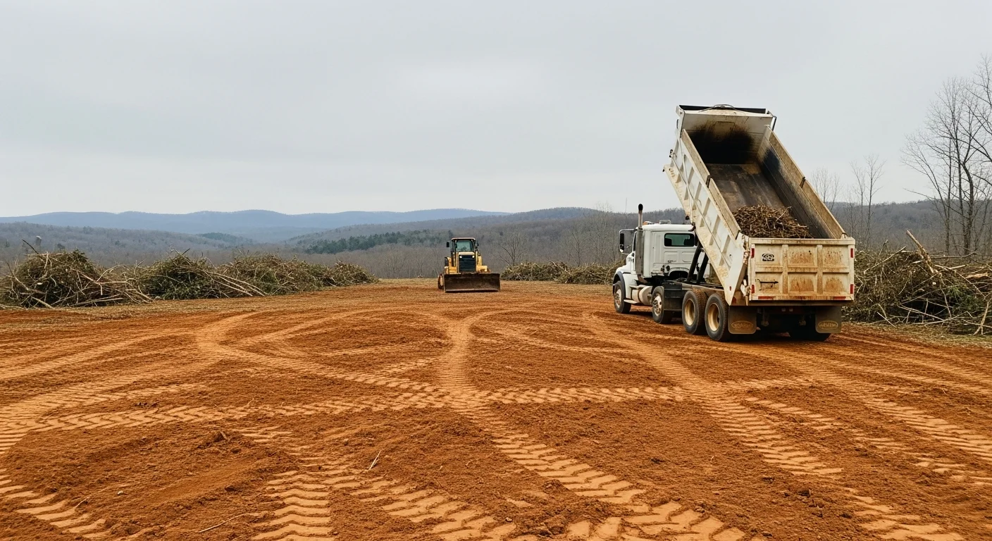 A cleared rural property in Nelson County, VA showing open ground with removed brush piles and graded soil along a wooded tree line. A skid steer is visible near the edge of the cleared area on sloped terrain.