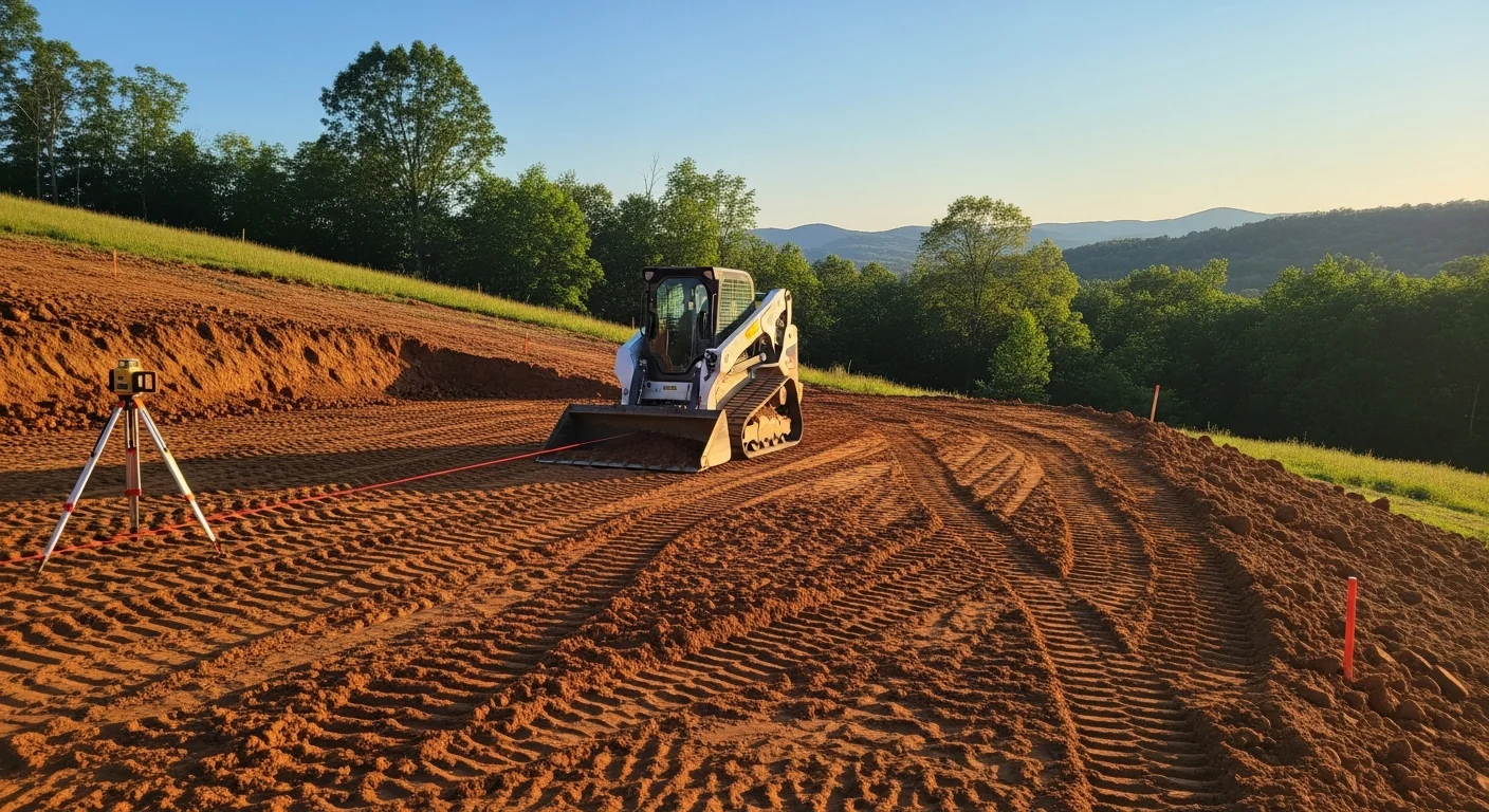 A graded building site on a rural Nelson County, VA property, showing freshly leveled and compacted soil with a defined slope directing water away from the cleared pad. An excavator is visible in the background on a partially wooded lot typical of the Nelson County landscape.