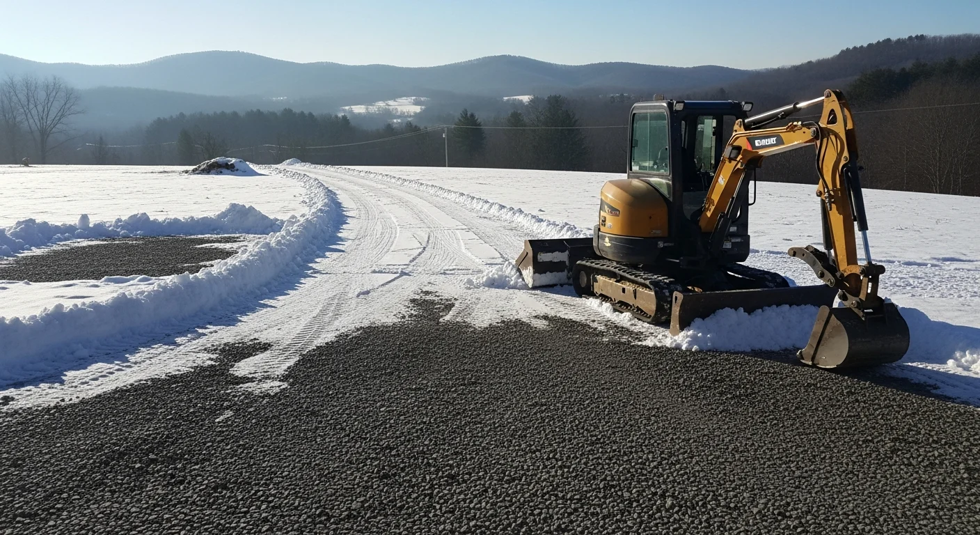 A cleared gravel driveway on a rural Nelson County, VA property after a snowstorm, with snow pushed to the sides and the lane open to the road. A residential home and wooded hillside are visible in the background.