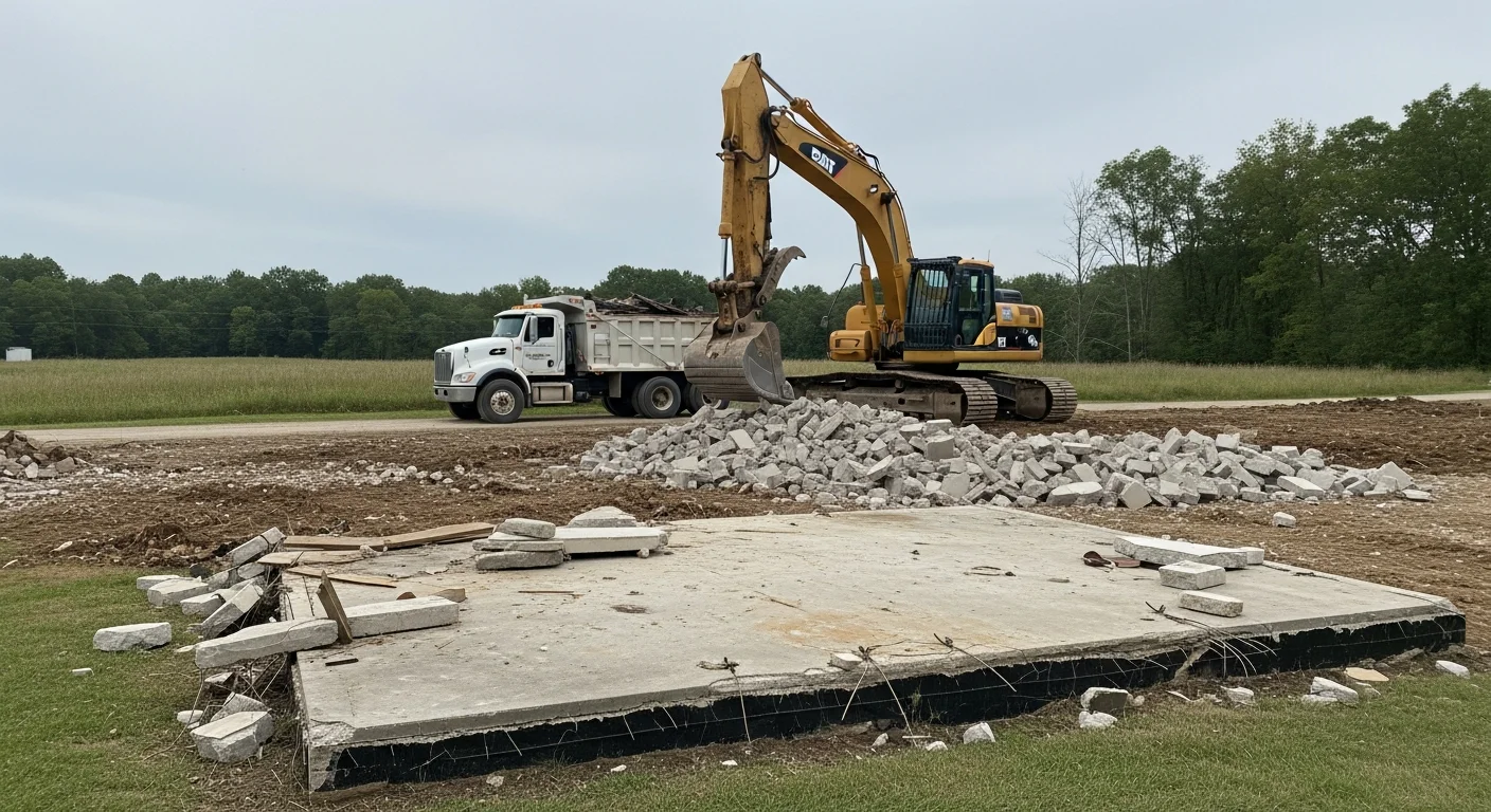 A cleared rural property in Nelson County, VA after structure removal, showing a clean graded lot where an old outbuilding once stood. An excavator is visible at the edge of the site with debris loaded for haul-off.