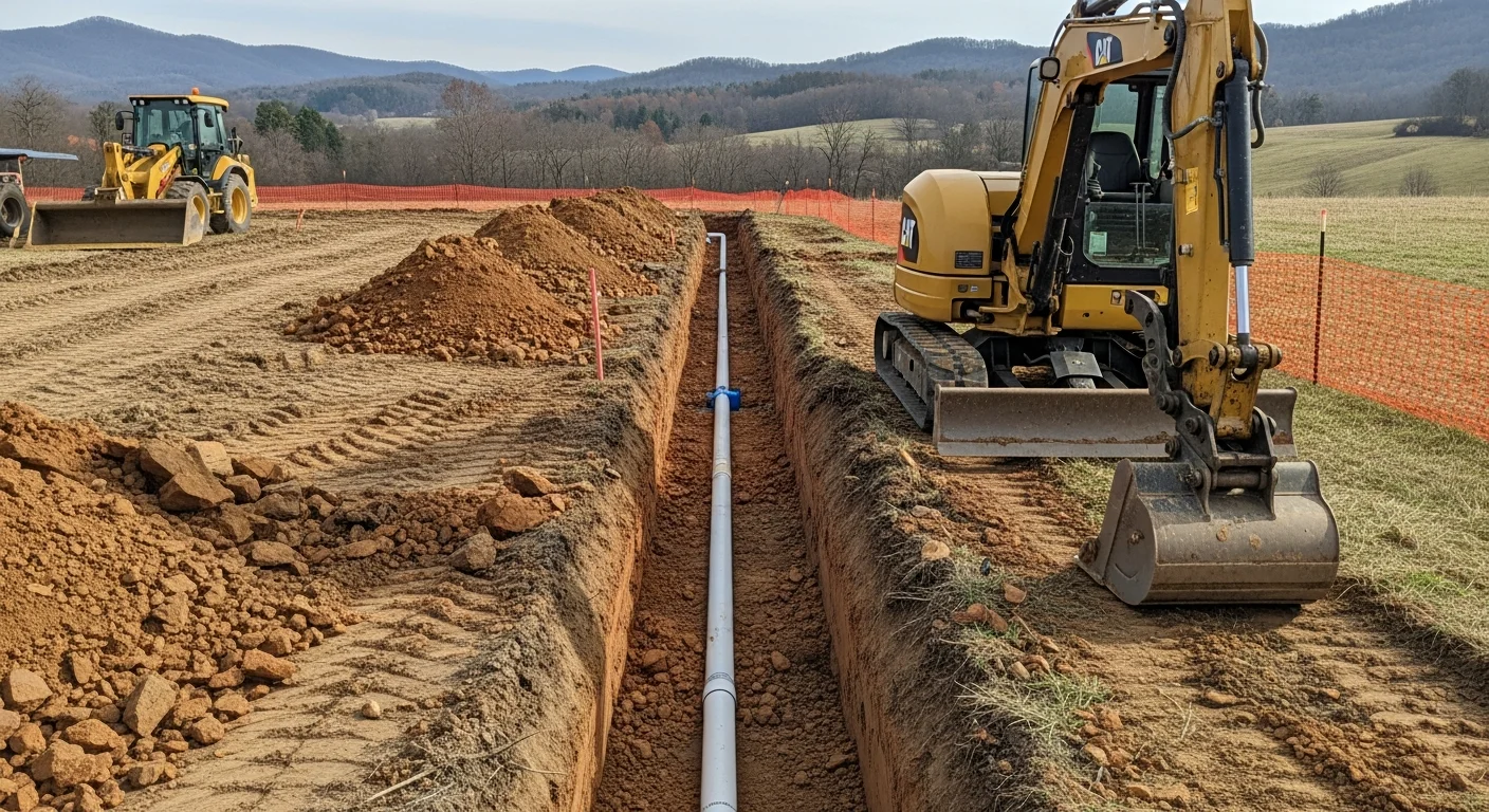 An excavator operator trenches a utility line across a rural residential lot in Nelson County, VA, with exposed red clay and rocky soil visible along the open trench. A water line lies staged beside the trench ready for installation on a sloped wooded property.